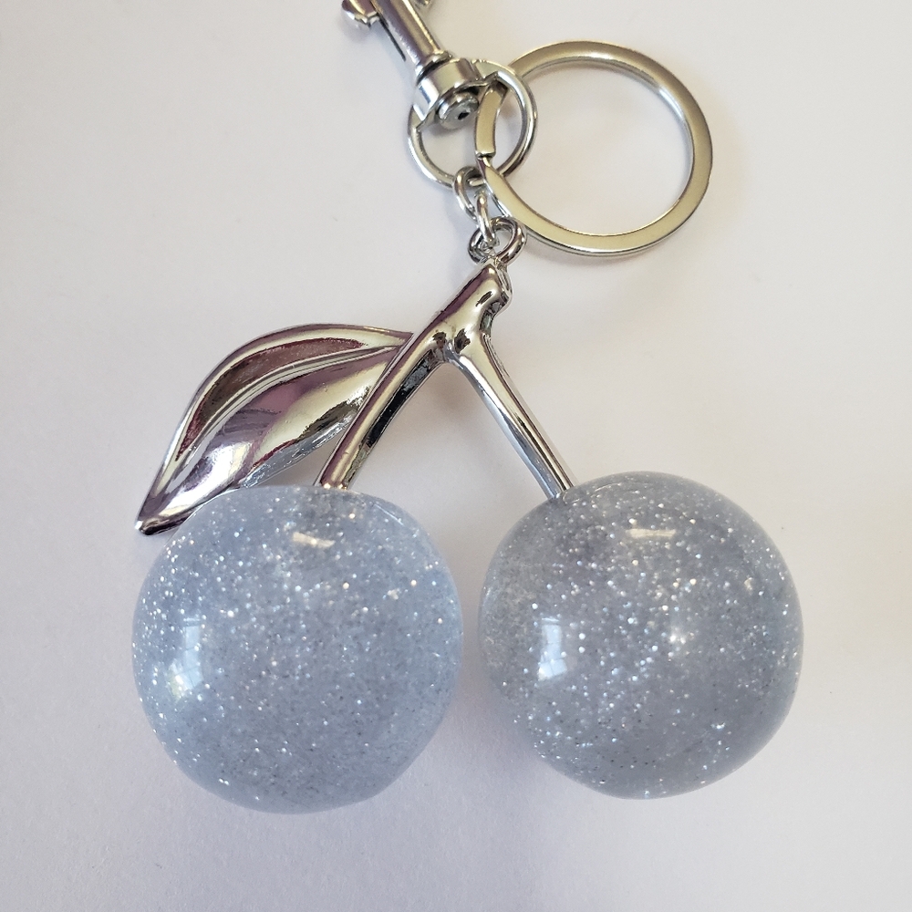 Silver Glitter Clear Cherry Bag Charm/ Key Chain, - Picture 5 of 6